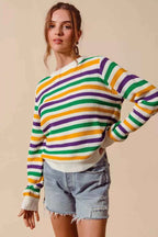 SO ME Women Sweater Ivory Mardi Gras Color Stripe Knit Top 8387e77904934385bb57b90e0a2f1ceb-Max-Origin Trendsi
