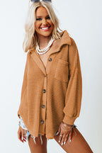 Waffle-Knit Women Shirt Collared Neck Long Sleeve Pocketed Single Breasted 8388cdca-1571-48fd-9a3e-da819c28f71c-Max Trendsi