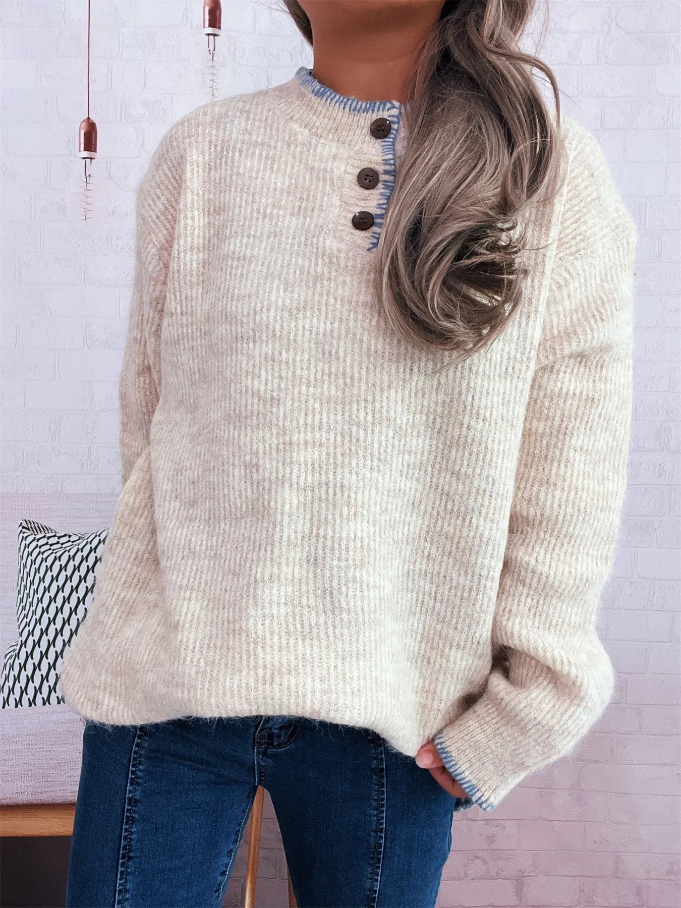 Women's Sweater Ribbed Knit Button Detail Long Sleeve Oversized Pullover 8391d24e40a547e78aca7b44166fdd61-Max-Origin Trendsi