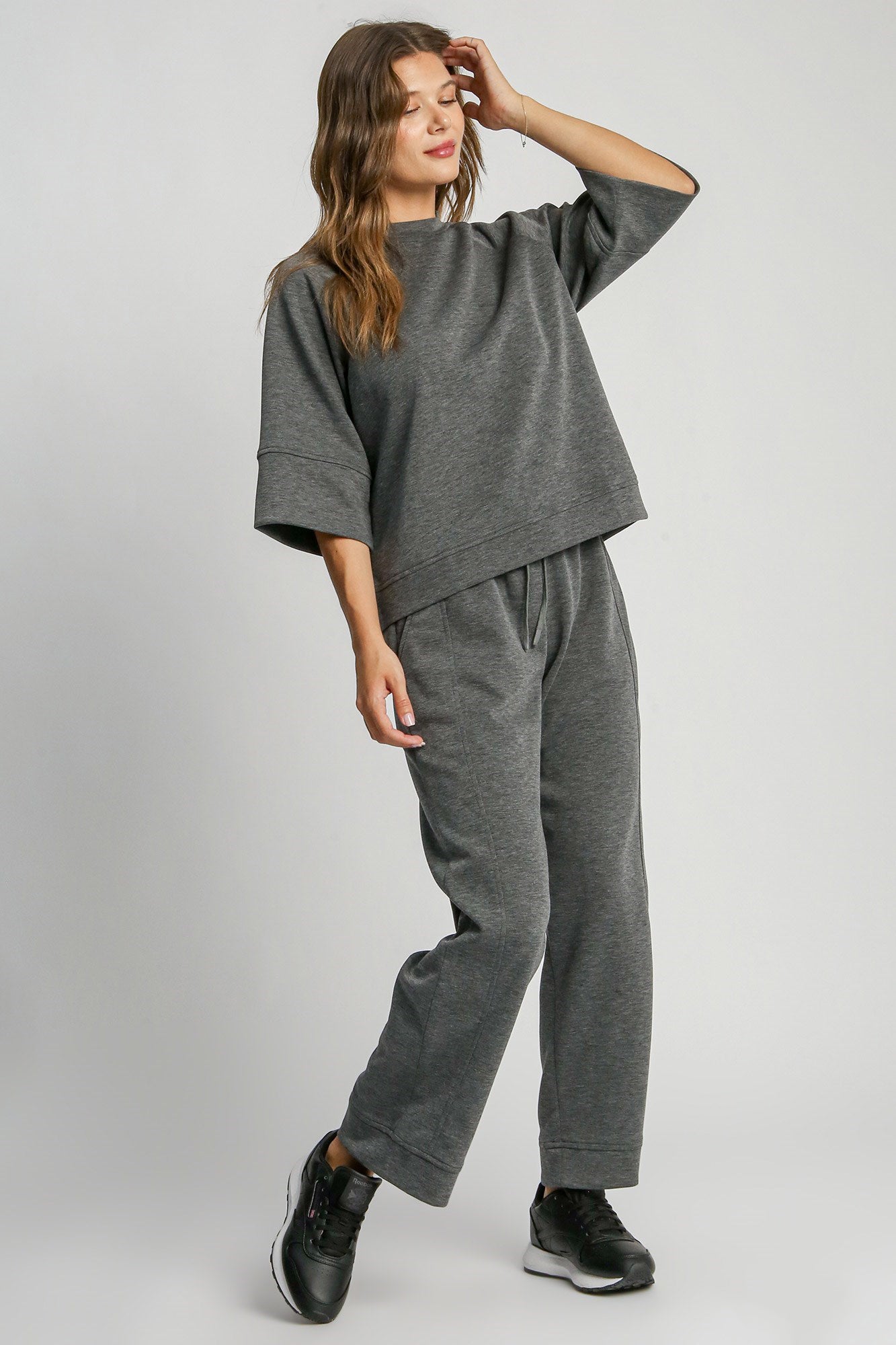 Umgee USA Sweatpants Dark Gray Drawstring Waist Wide Leg with Pockets