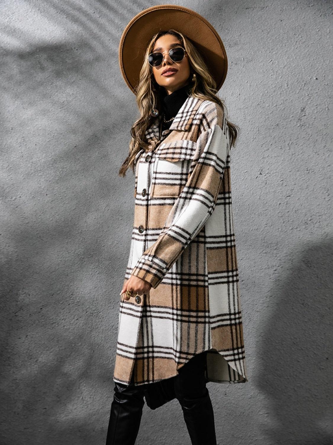 Plaid Coat Collared Neck Long Sleeve Pocketed Outwear 83a4c80e-d0bd-46c1-b5c6-4eb14877029c-Max Trendsi