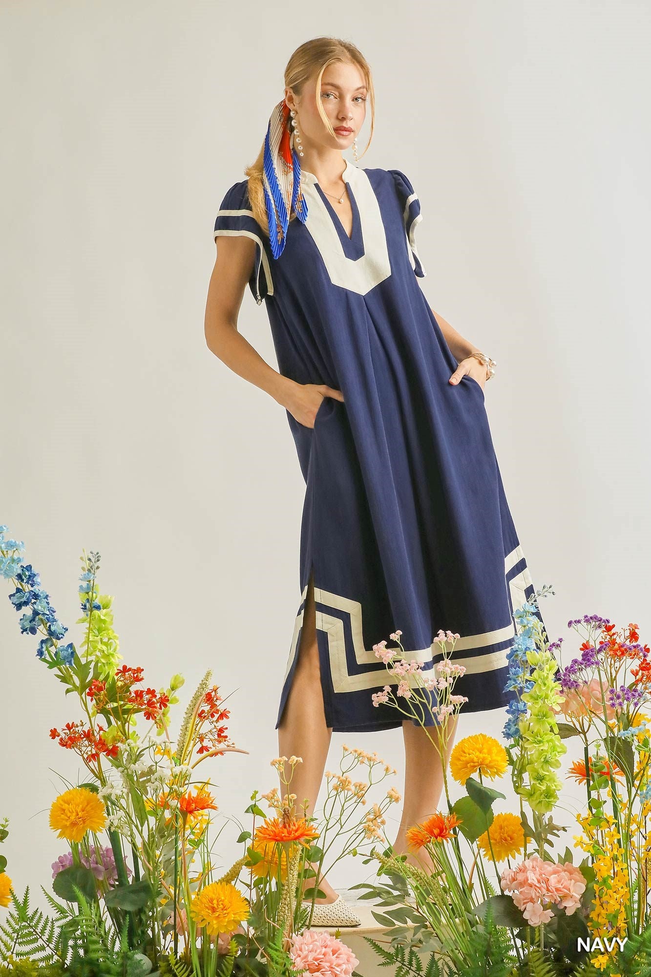 Umgee Linen Cotton Contrast Neckline Midi Dress