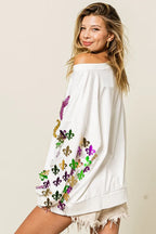 BiBi Womens Pullover Off White Fleur De Lis Sleeve Mardi Gras 83aa6d6c4a9e4cb596795553f77fdb91-Max-Origin Trendsi