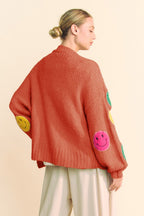 Davi & Dani Women Cardigan Fuzzy Smile Patch Rust Open Long Sleeve Sweater 83abb46d-ef2c-452c-a9fc-78766338dd73-Max Trendsi