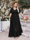 Plus Size Button-Down Maxi Dress with V-Neck, Short Sleeves, and Ruffled Hem