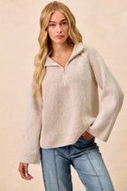 BiBi Womens Knit Top Taupe Two Tone Rib Texured with Zip Up Collared Sweater 83ba624bad3d48d787fc58fbfd2de113-Max-Origin Trendsi