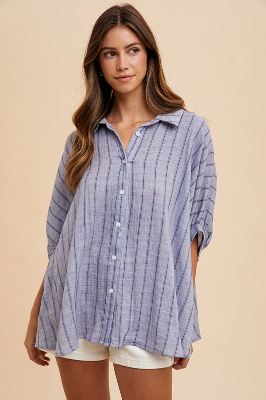 Women's Button-Up Shirt Striped Dusty Blue Cotton Annie Wear Half Sleeve Top