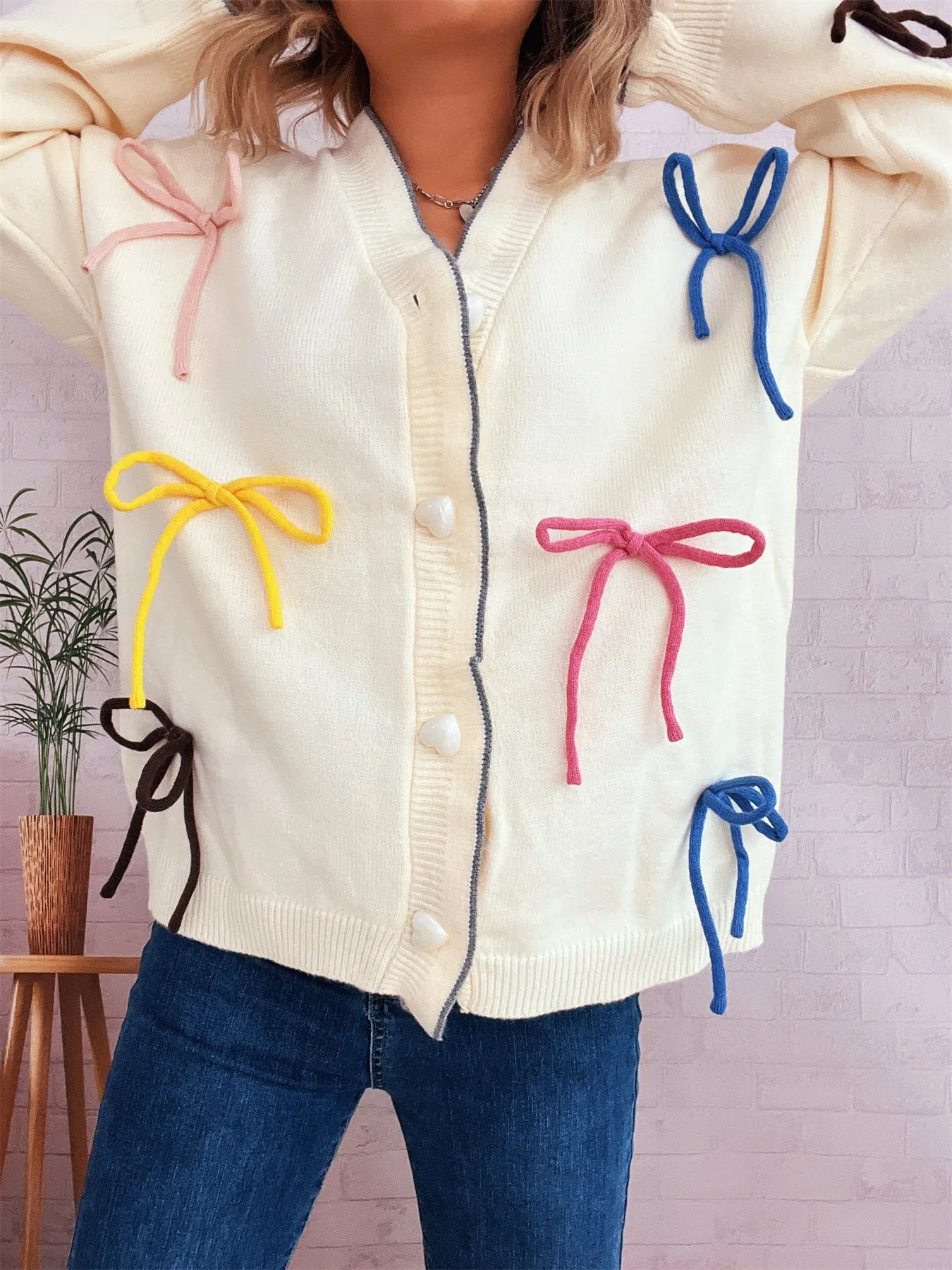 Women's Cardigan White Bow Tie Button Up Knit Long Sleeve One Size 83bdf37e9564422a8f1b6568d7029f43-Max-Origin Trendsi