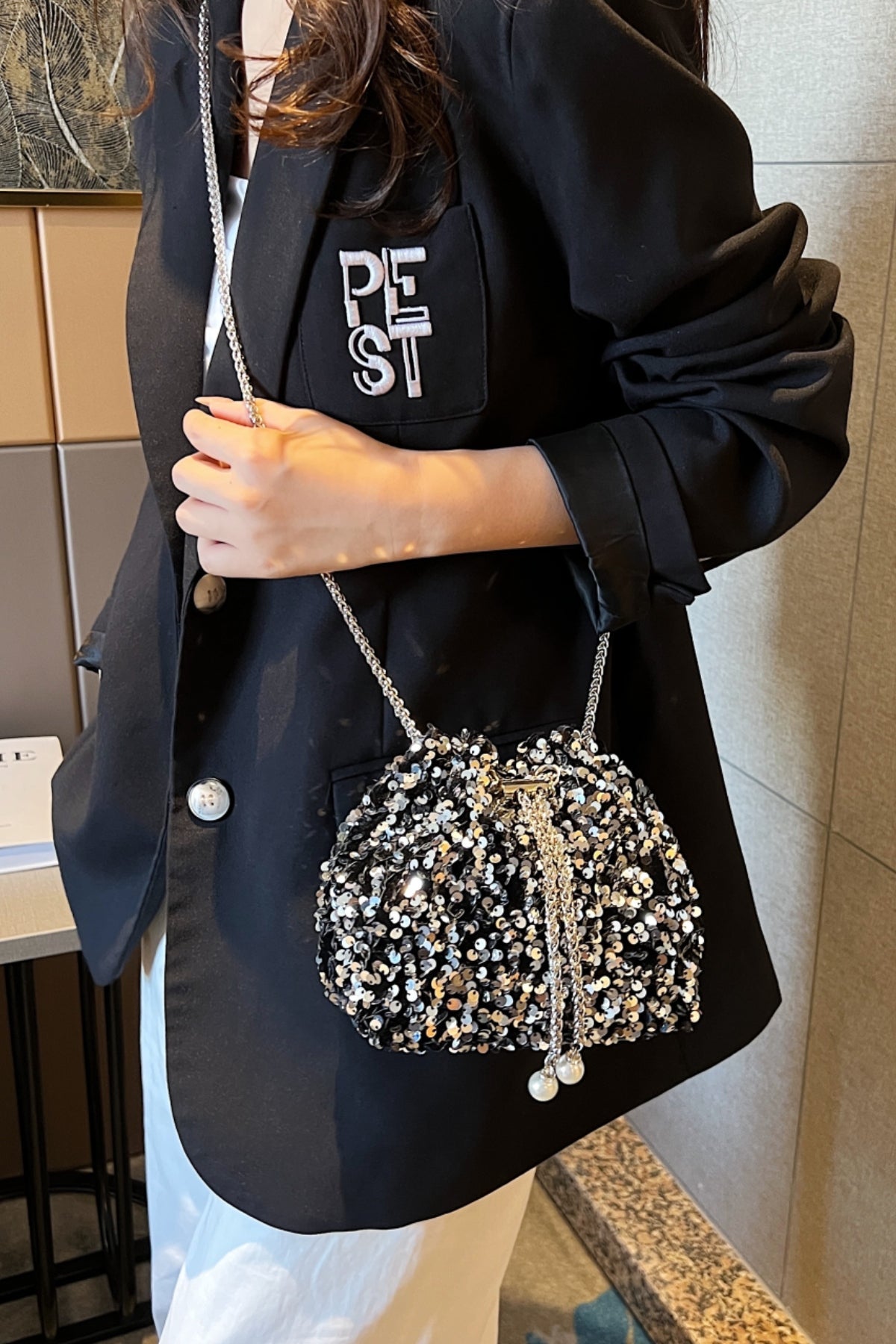 Sequin Bucket Bag Drawstring Small Women Chain Crossbody Strap