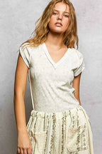 POL V-Neck T-Shirt Ivory Floral Cotton Short Sleeve Washed with Outseam Top IVORY 83c1b938-f0c4-4def-ab7f-ce88553e78ff-Max-Origin Trendsi