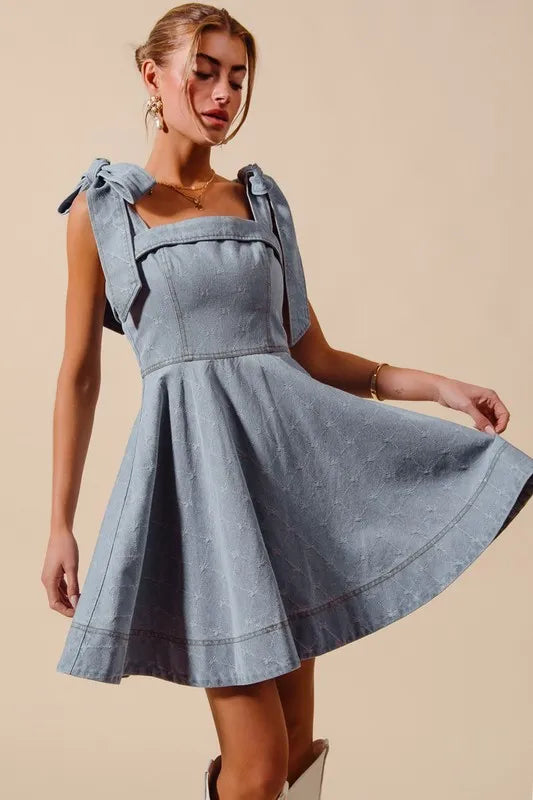 A-Line Fit and Flare Denim Dress with Diamond Bow Ribbon