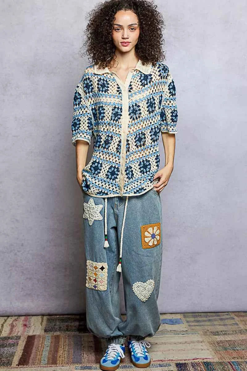 POL Crochet Shirt Blue Multi Openwork Short Sleeve with Border Accents Top 83c3495c-5386-45d0-9ece-3cd1eb2b2c86-Max-Origin Trendsi
