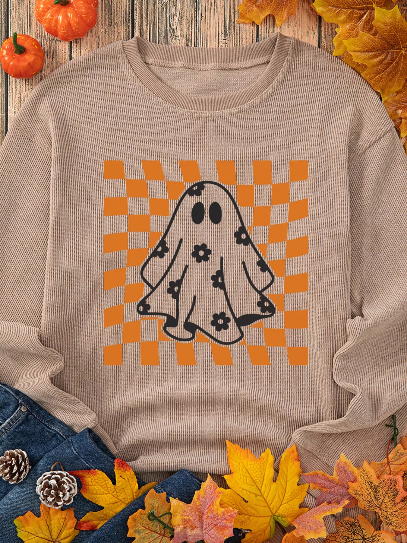 Halloween Women's Sweatshirt Khaki Checkerboard Floral Ghost Graphic Corded 83c509ed53eb4efd91fe035180df547b-Max-Origin Trendsi
