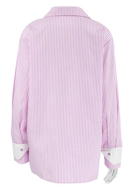 Striped Pink Shirt Women's Collared Patch Pocket Long Sleeve Casual Top 83d1a851-f255-45f3-b75a-5fbfef5f328e-Min Trendsi