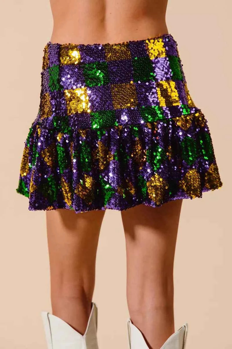 SO ME Sequins Mini Skirt Mardi Gras Checker Ruffled 83d2afe4a3814a90beb761bf7c8697f3-Max-Origin Trendsi