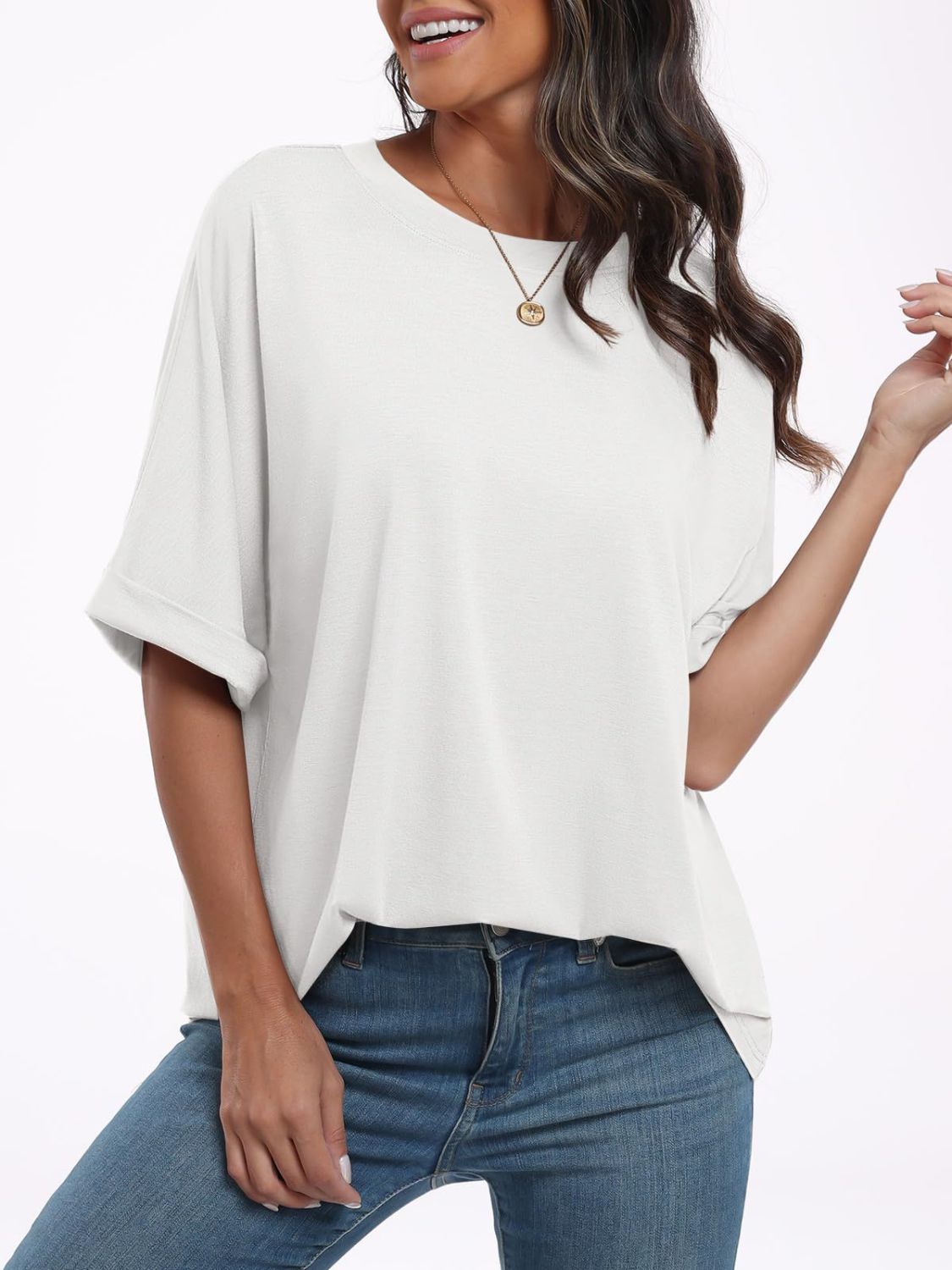 Women T-Shirt Round Neck Half Sleeve Oversized Cotton Blend Basic Style White 83d844a8-6235-448d-85f3-68ad5de473b1-Max Trendsi