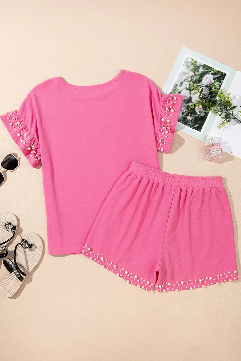 Outfit Set Pink Wpmen's Pearl Ruffled Embellished Top and Shorts Set 83dadfdb-1450-4a7d-90da-ba3bd7a124af-Max-Origin Trendsi