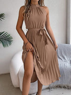 Pleated Midi Dress Grecian Neck Tie Waist Belted Halter Sleeveless 83ece2e3-44b4-4d16-986d-a475f9dffcc7-Min Trendsi