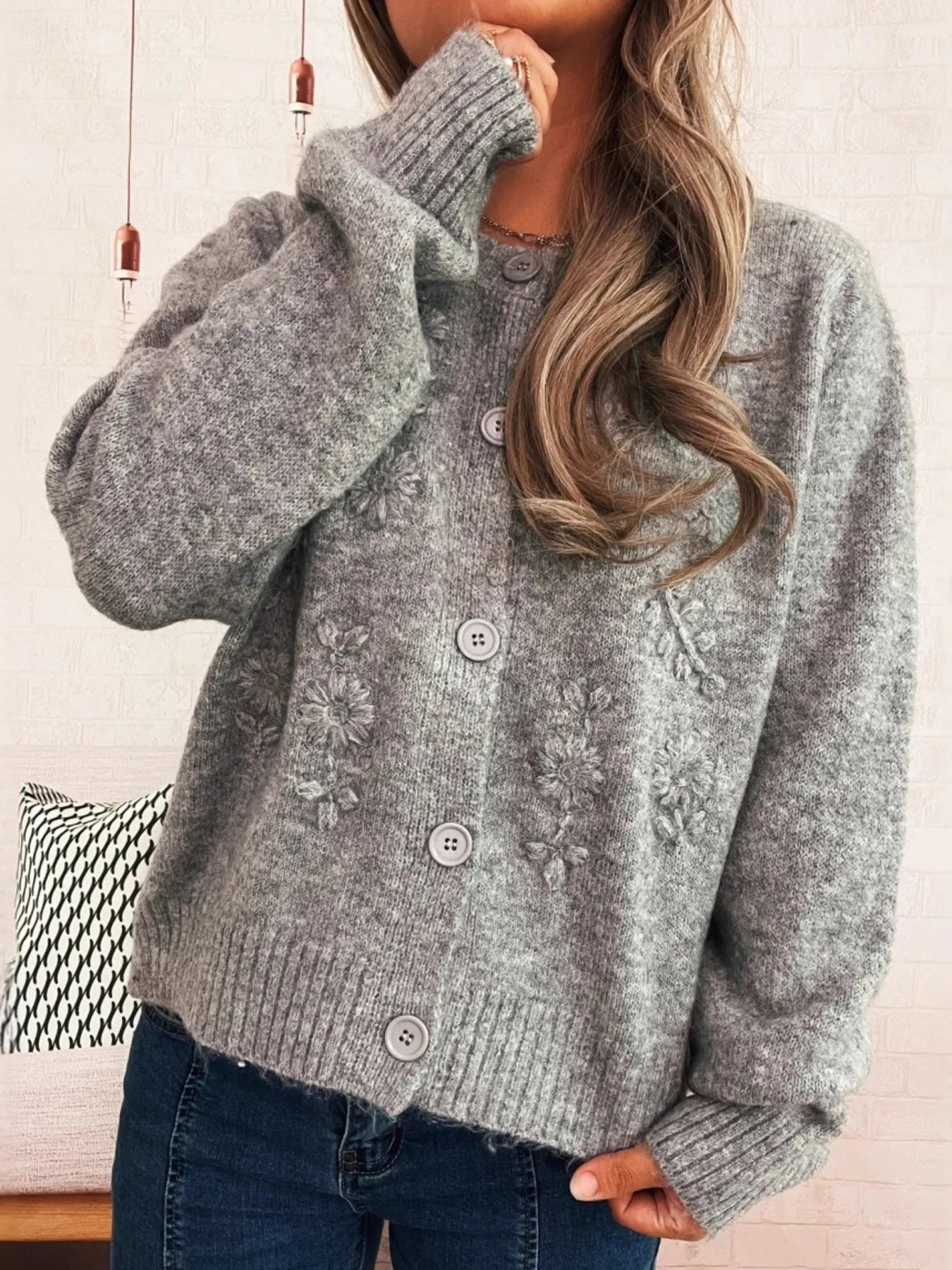 Women's Cardigan Flower Embroidered Button Up Ribbed Hem Round Neck Gray One Size-Regular 83f05b0e06474d03a33d5af697290c99-Max-Origin Trendsi