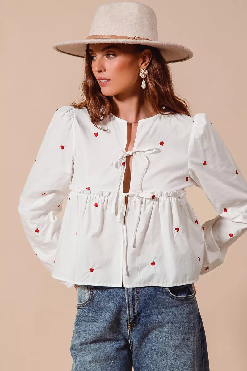 SO ME Women Blouse Front Tie Heart Embroidered Top With Puff Long Sleeve 83f3bf043d2840cda01ce38f63b542da-Max-Origin Trendsi