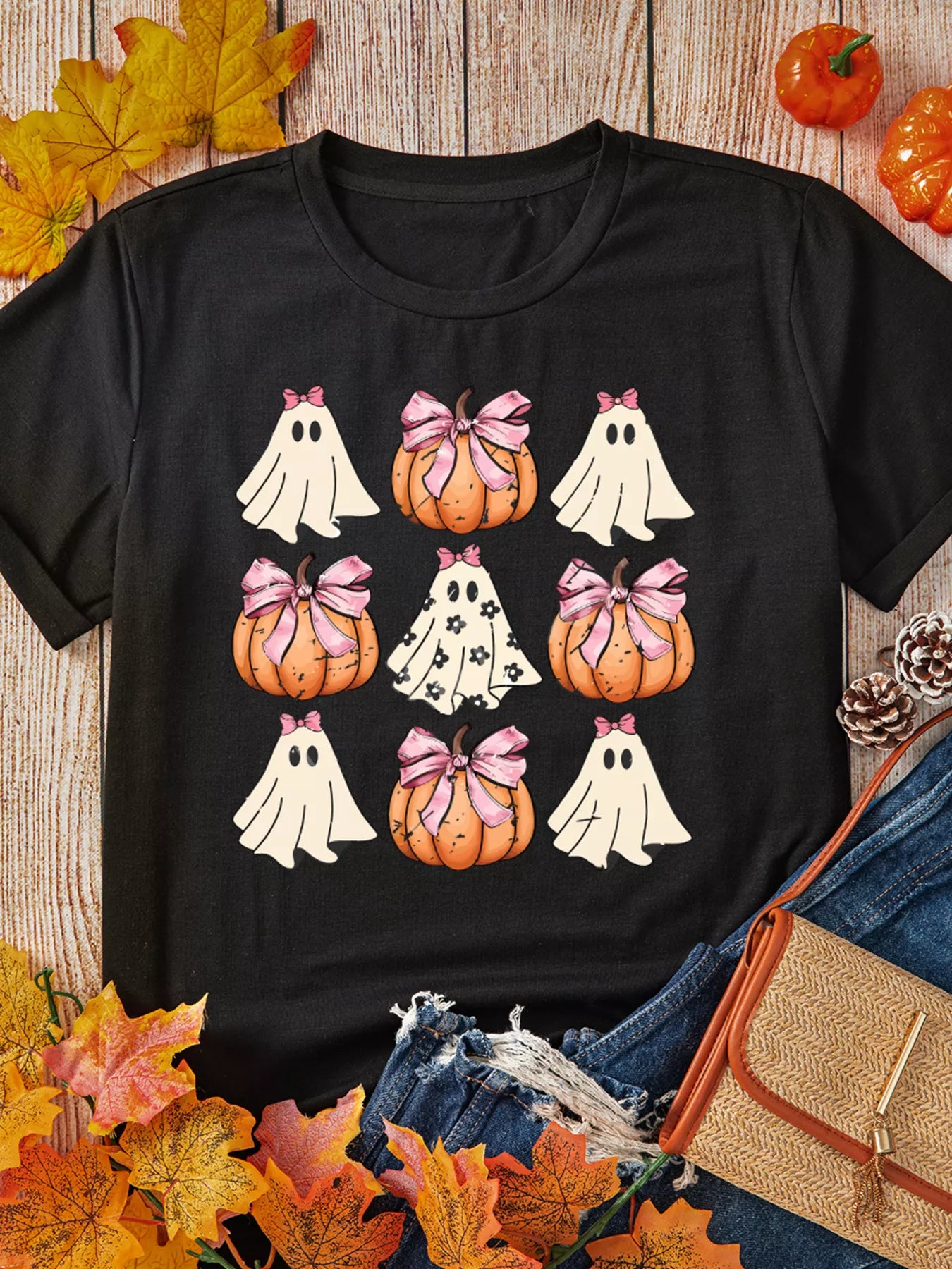 Halloween Women's T Shirt Bowknot Ghost Pumpkin Graphic Top Tee 83fb5c5d71da4e26a4e5f154d37cab70-Max-Origin Trendsi