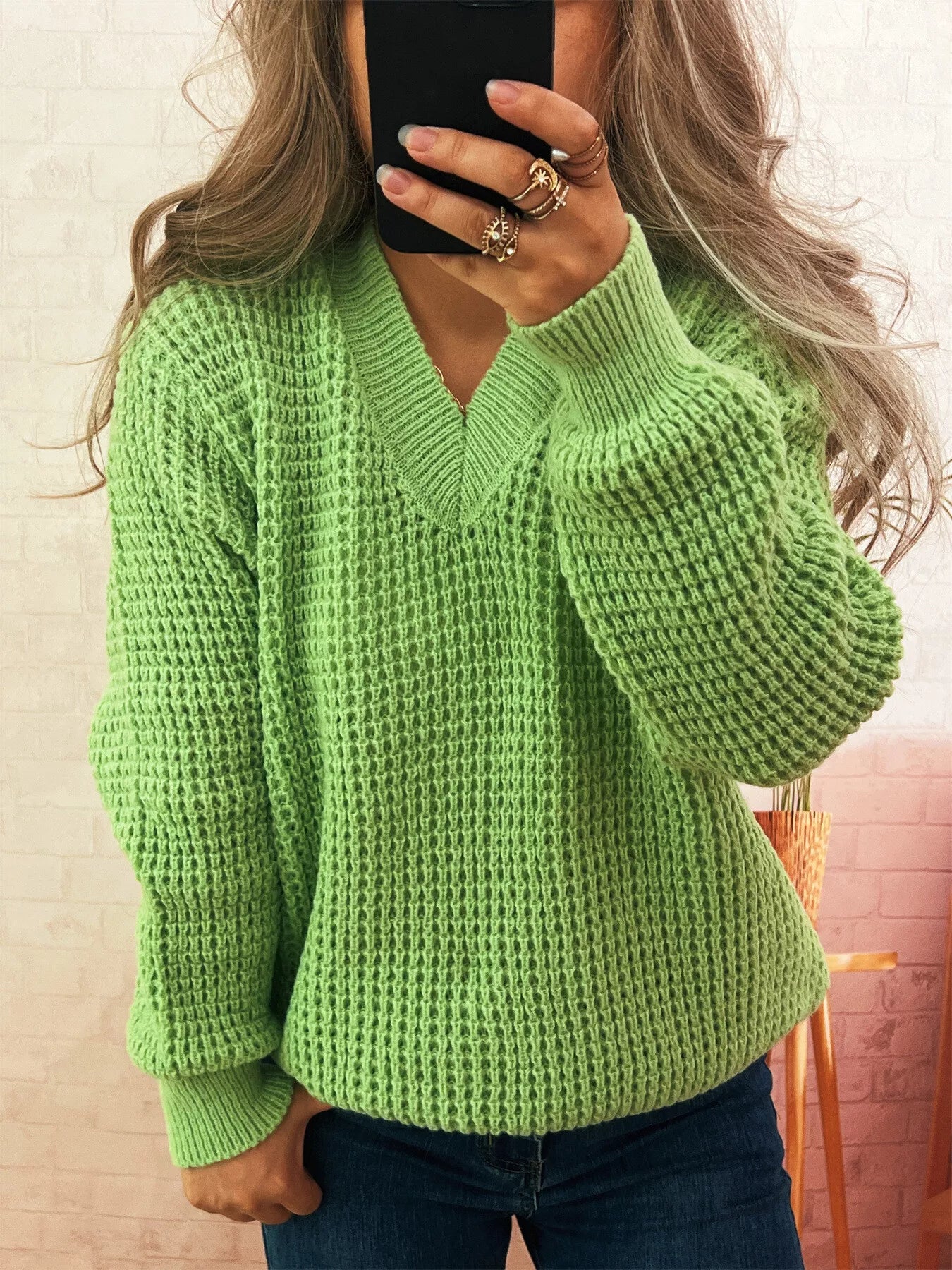 Women's Sweater V-Neck Textured Knit Loose Pullover Green One Size 8408d49fa17848b5bbe0738213e6e379-Max-Origin Trendsi