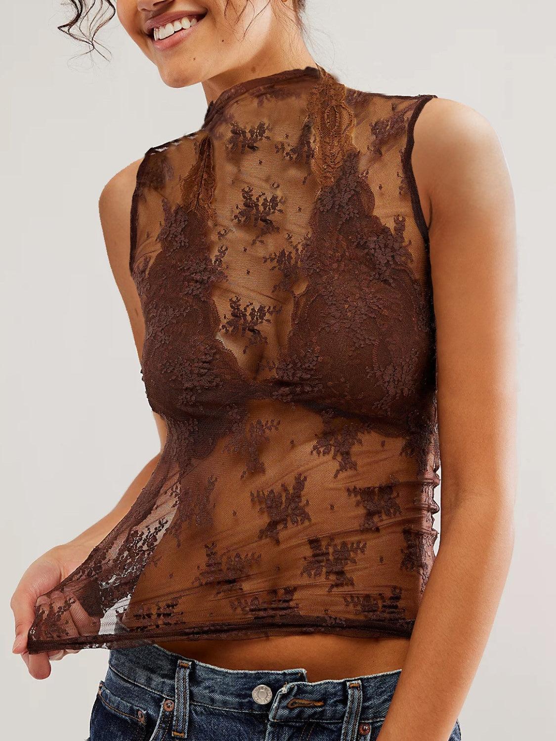 Floral Lace Top Mock Neck Sleeveless Transparent Tank Tops 840e91bc-cba7-4b43-92da-5929d34a0dd3-Max Trendsi
