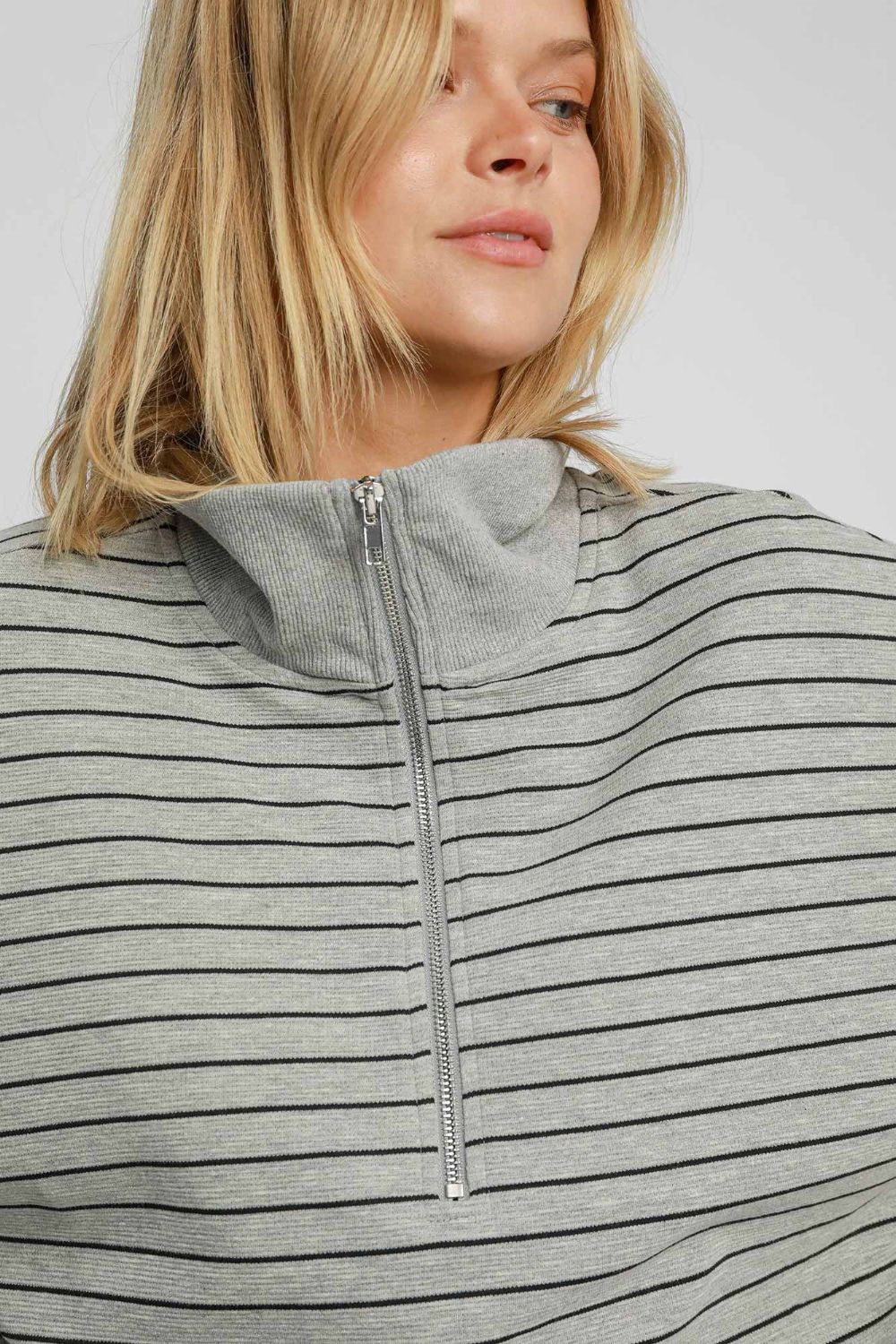 Umgee USA Striped Gray Sweatshirt Cotton Blend Half Zip Short Sleeve Collared