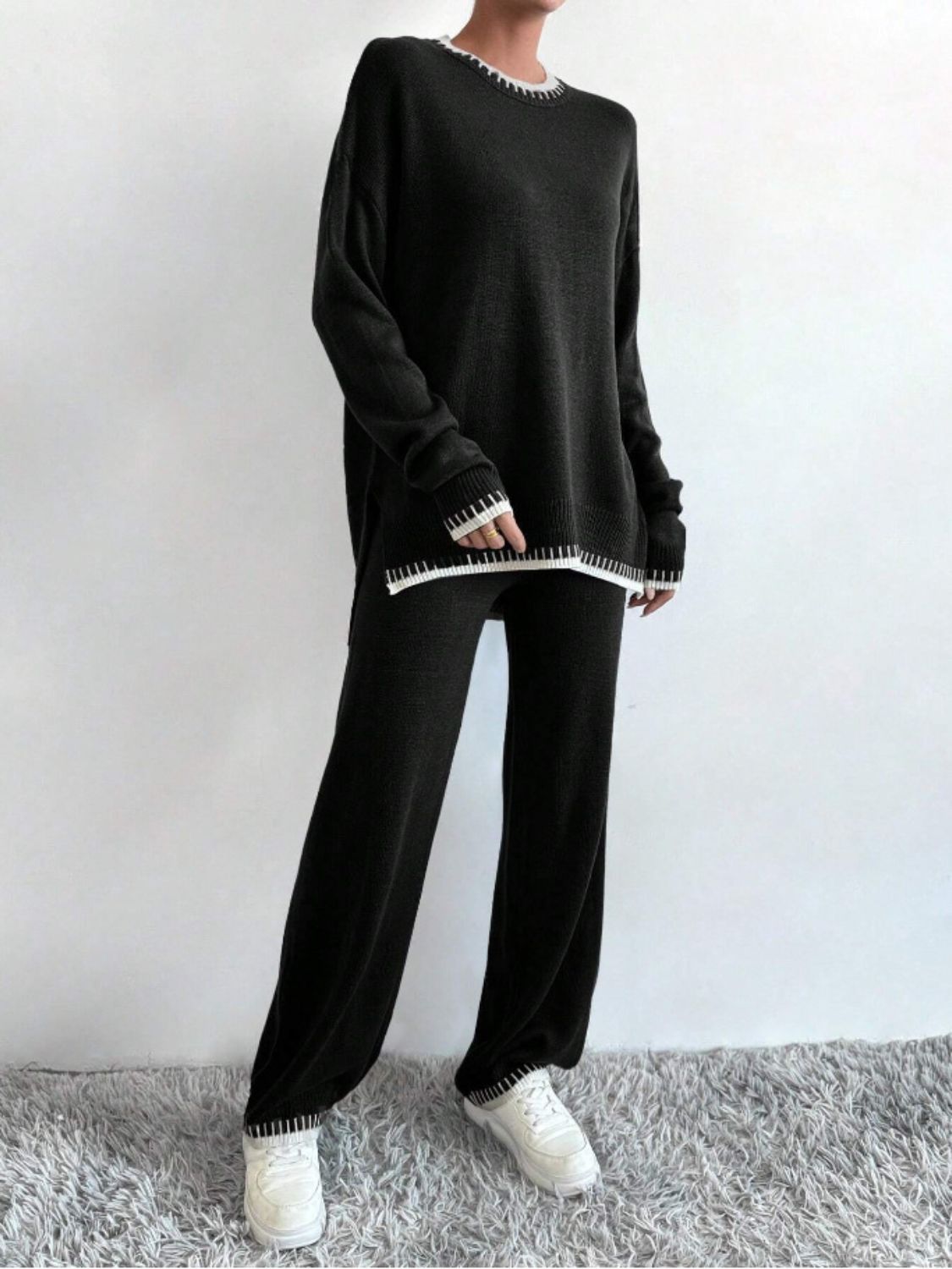 Outfit Set Knit Sweater Side Slit Contrast Trim Round Neck Top and Pants Set