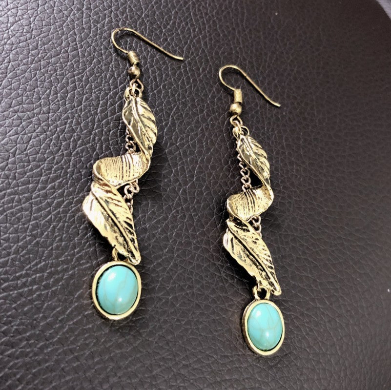 Alloy Leaf Pendant Earrings Artificial Turquoise 9K gold-plated Fashion Jewelry Gold One Size