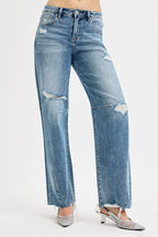 RISEN Women's Jeans Mid Rise Fit Wide Baggy Leg Tie Washed Raw Hem Denim 841c0f15a2574891a3a9f58b48a746a2-Max-Origin Trendsi