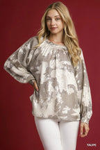 Umgee Blouse Metallic Fabric with Balloon Long Sleeves Top S-2XL TAUPE 84216e6d-830a-4606-982a-0d3c0582f36d-Max-Origin Trendsi