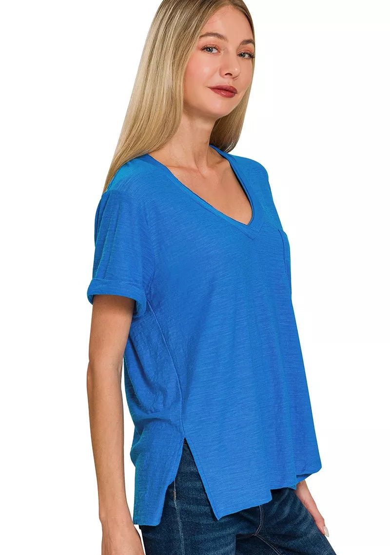 Zenana Women T-shirt Ocean Blue Slub Rolled Short Sleeve V-Neck Top Tee OCEAN BLUE 8422c7857a2a473695cf6514dd2114c1-Max-Origin Trendsi