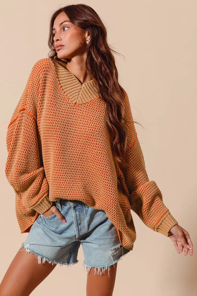 SO ME Womens Sweater Oversized V Neck Camel Orange Two Tone Textured 842494ddcfb048b8a96ee9579ea35c51-Max-Origin Trendsi