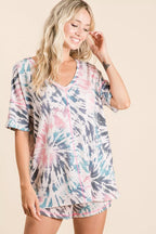 BiBi Tie Dye Print Terry V Neck Top With Contrast Short Sleeve Blouse 842ba08fc58c4025a1b89c6f5751b890-Max-Origin Trendsi