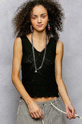 POL Tank Top Black Textured Knit V-Neck with Lace Trim Blouse BLACK 842d9320-75d9-4d5f-b541-5a8d59a4c928-Max-Origin Trendsi