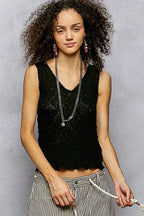 POL Tank Top Black Textured Knit V-Neck with Lace Trim Blouse BLACK 842d9320-75d9-4d5f-b541-5a8d59a4c928-Max-Origin Trendsi