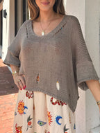 Cutout Three-Quarter Sleeve Sweater with Distressed Design