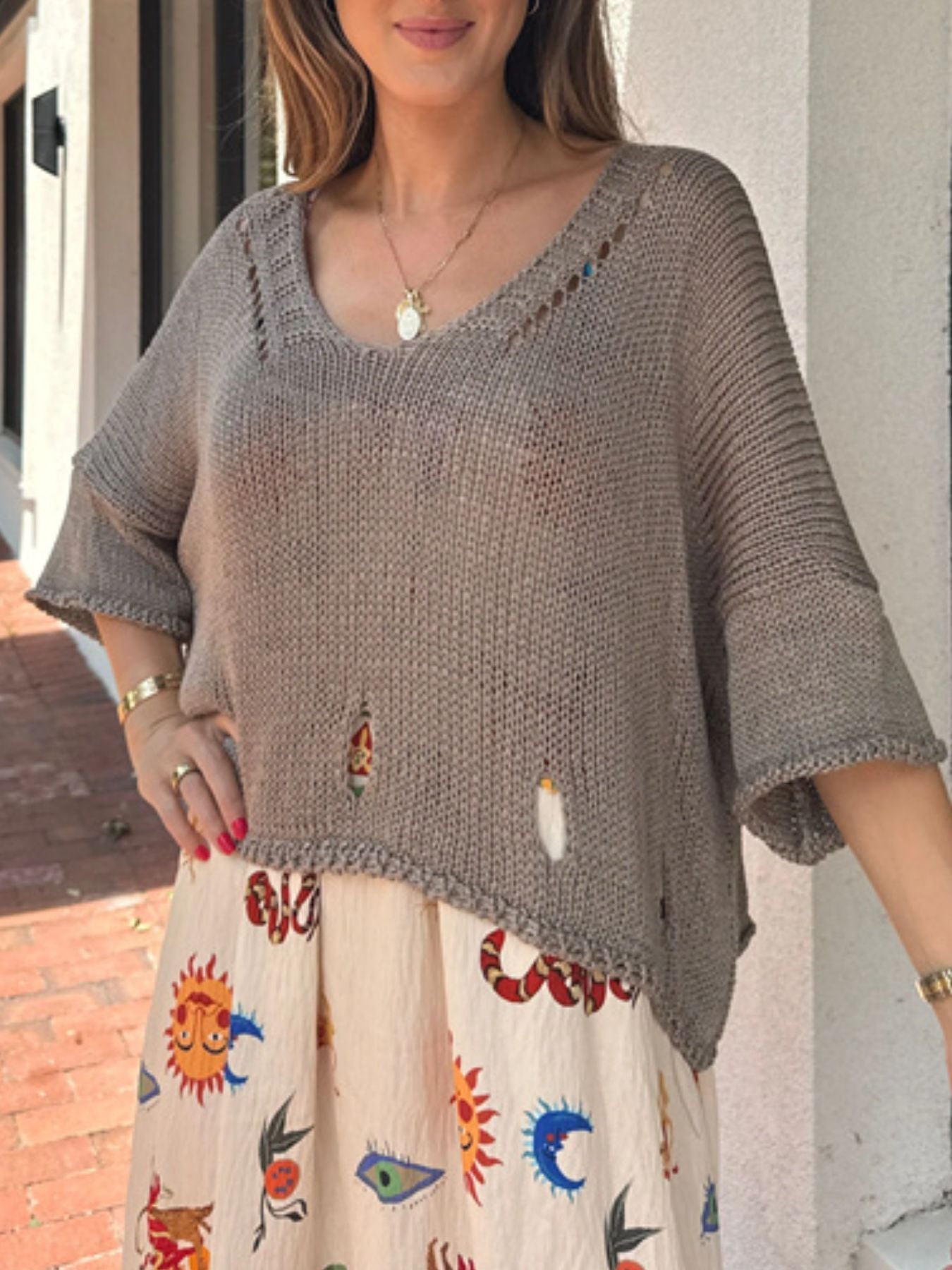Cutout Three-Quarter Sleeve Sweater with Distressed Design