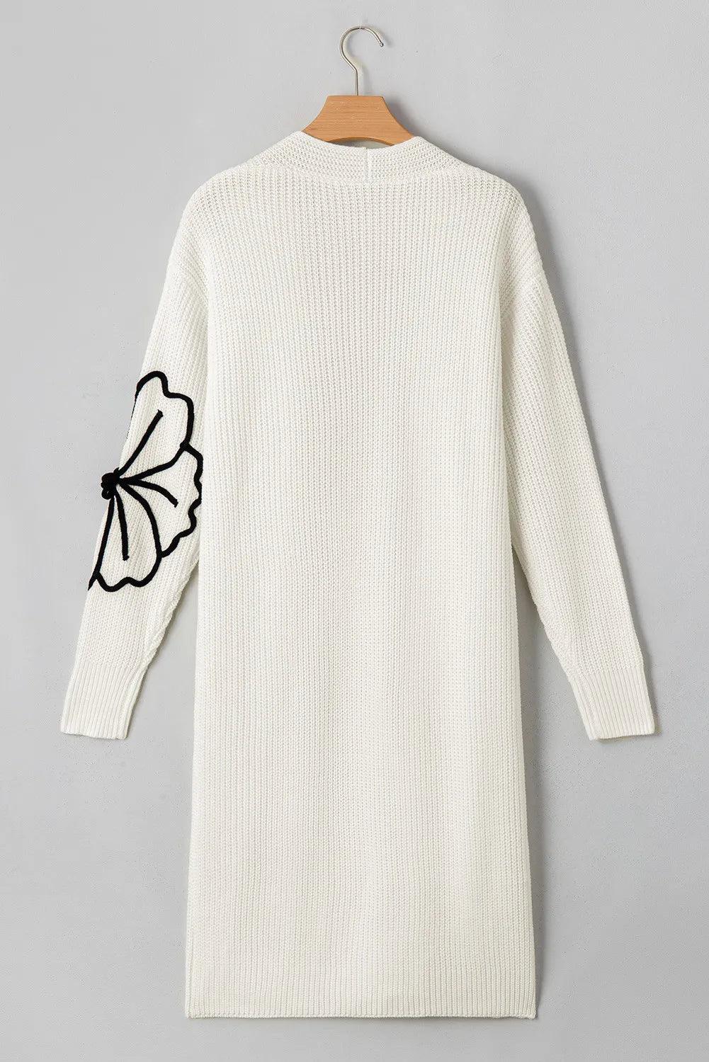 Cardigan Flower Embroidery Open Front Long Sleeve Longline Knitwear