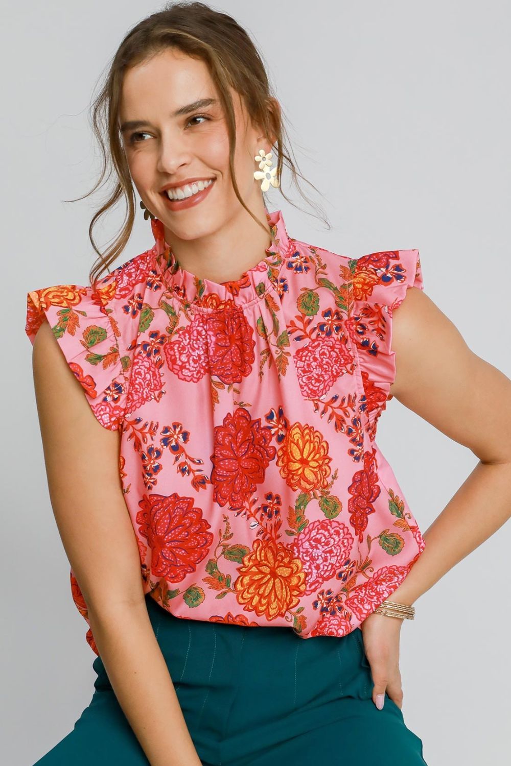 Umgee Blouse Floral Pink Mix Print Ruffled Cap Short Sleeve Top PINK MIX 845a0ed8-d486-495f-9695-d4ee1049de65-Max Trendsi
