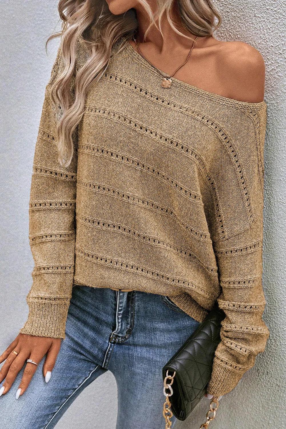 Sweater Boat Neck Dropped Shoulder Long Sleeve Knitwear Tan 845aa34f-b854-4968-a090-b71c16548248-Max Trendsi