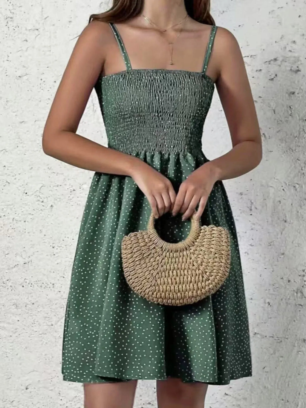 Mini Cami Dress Swiss Dot Smocked Square Neck with Thin Straps 8466521fbf7e4e31a25f56a34af88b69-Max-Origin Trendsi