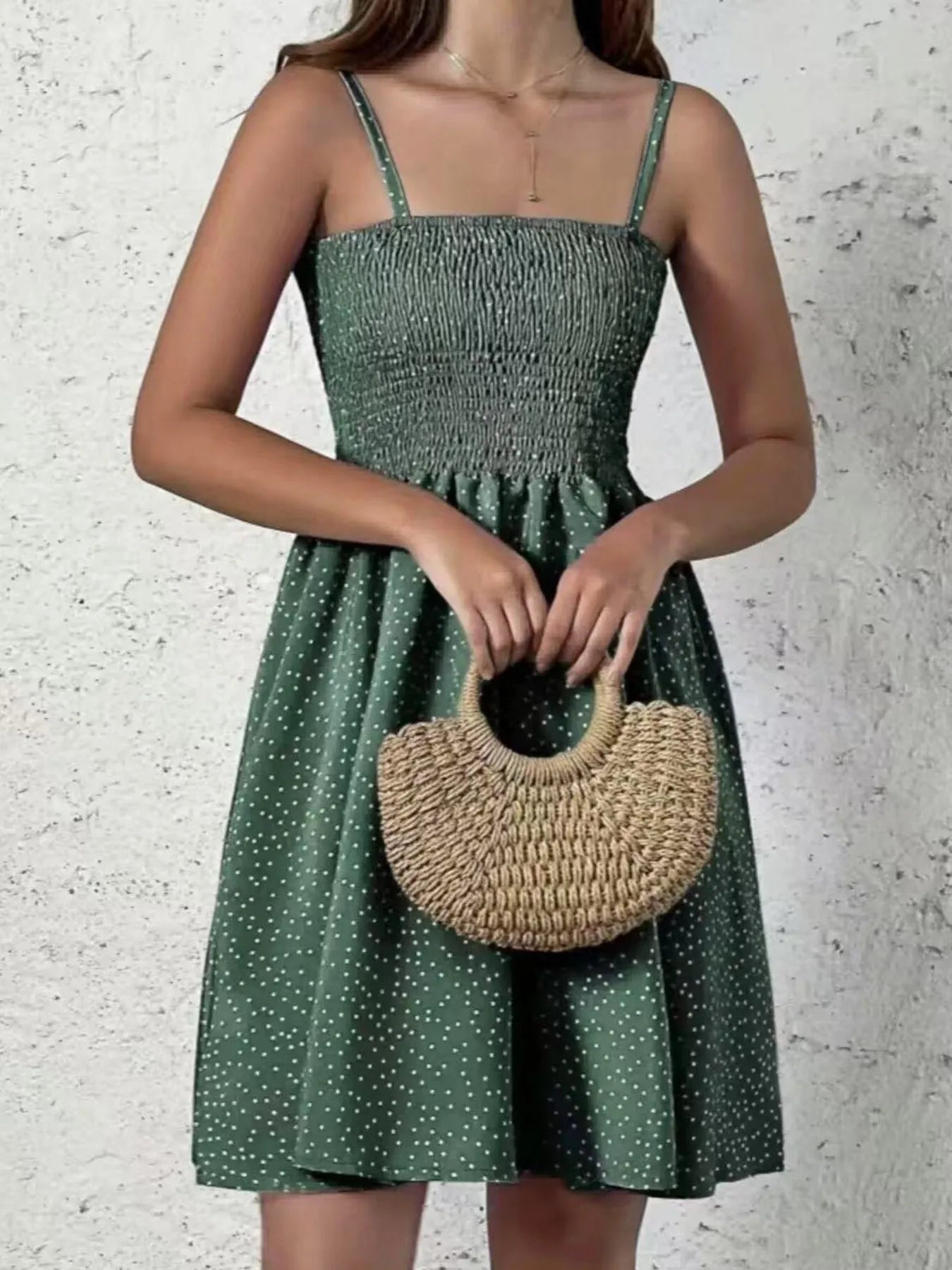 Mini Cami Dress Swiss Dot Smocked Square Neck with Thin Straps 8466521fbf7e4e31a25f56a34af88b69-Max-Origin Trendsi