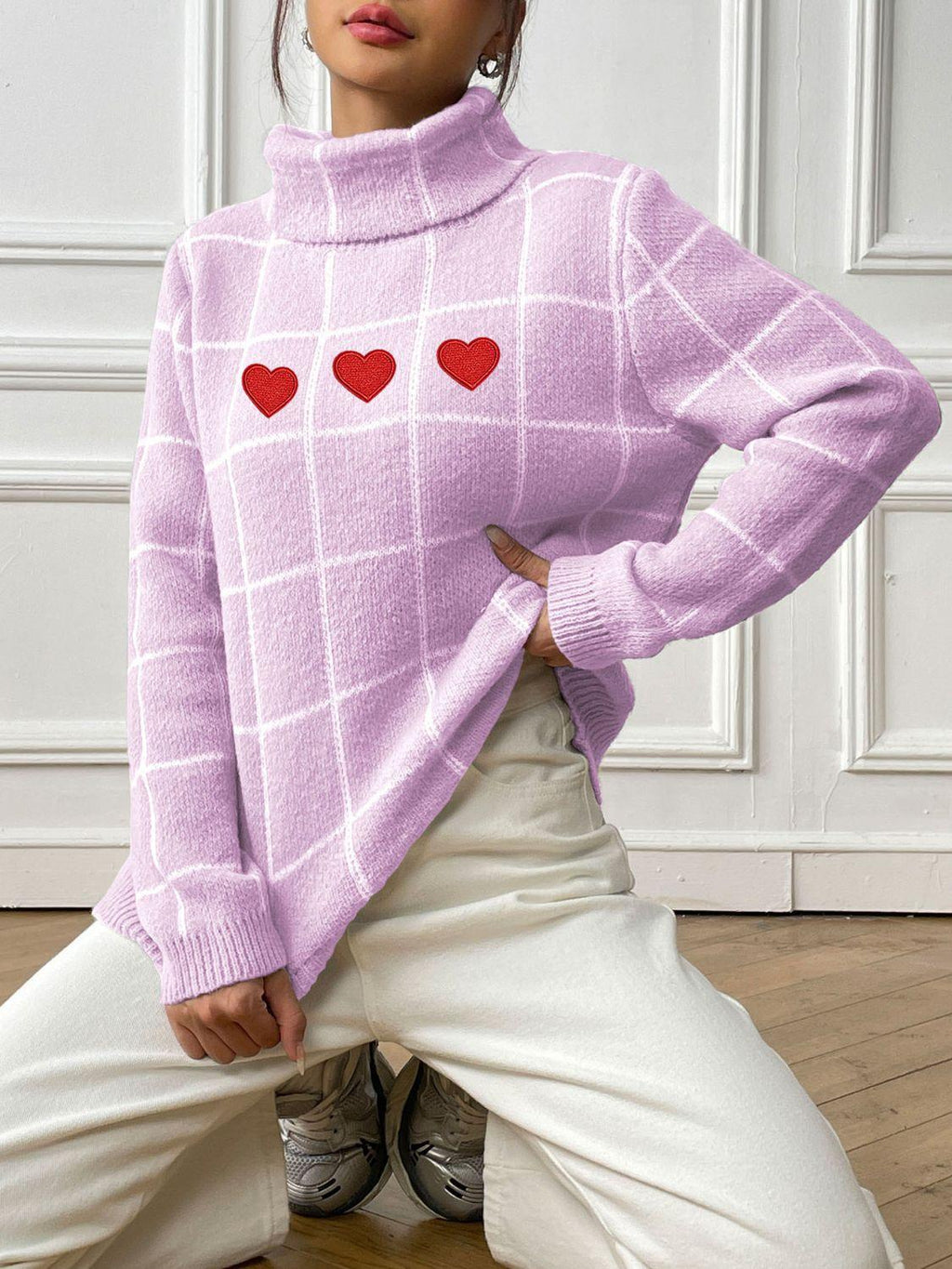 Heart Plaid Sweater Turtleneck Long Sleeve Casual Knitwear Pink Purple 846c6a5e-0393-468f-9d19-1b4fe8df3f04-Max Trendsi