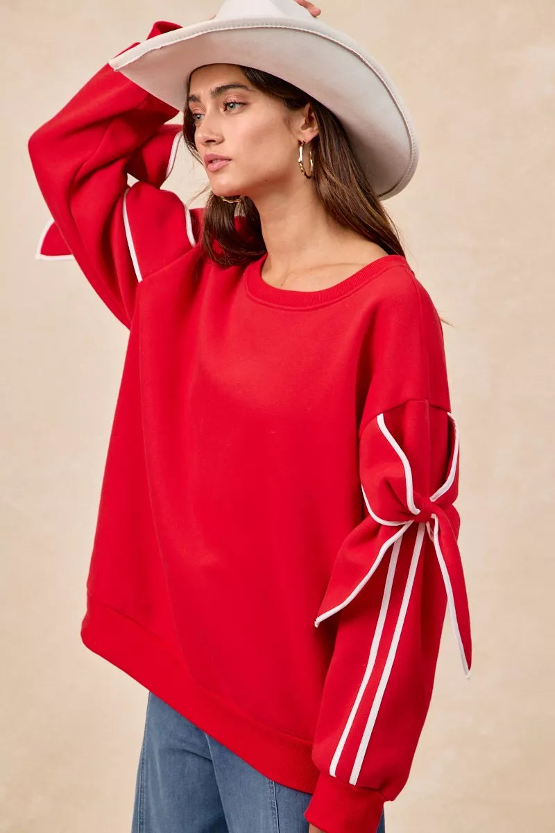 BiBi Fleece Sweatshirt Red Bow Detail Sleeves Womens Pullover 846d625e-d90b-4ee5-85c4-a6377d4e6577-Max-Origin Trendsi
