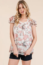 Lime 'N' Chili Blouse Pink Floral Print Lace Trim Puff Short Sleeve 84715d95d4444b5abf2e73b637a0184b-Max-Origin Trendsi