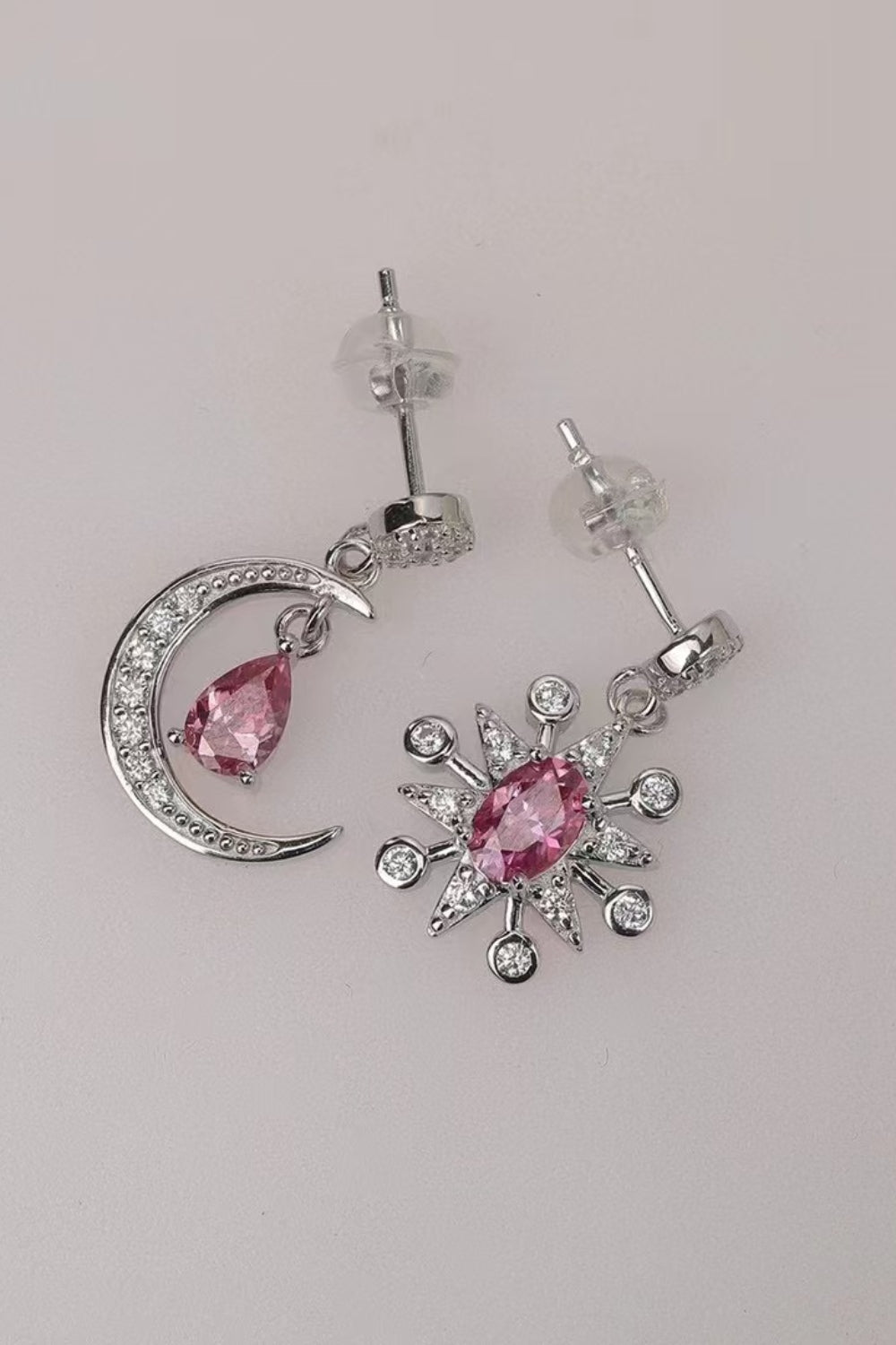 2 Carat Moissanite  Moon & Star Earrings Deep Rose Stone 925 Sterling Silver