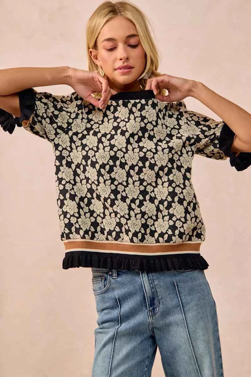 BiBi Women Knit Top Textured Rose Black Gray Contrast Banded Puff Sleeve 8477169e-05e4-45ce-a11e-683966fd4240-Max-Origin Trendsi