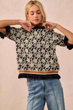 BiBi Women Knit Top Textured Rose Black Gray Contrast Banded Puff Sleeve 8477169e-05e4-45ce-a11e-683966fd4240-Max-Origin Trendsi